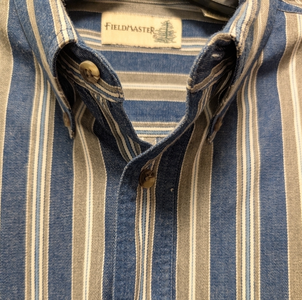 Fieldmaster Vintage Blue White and Tan Denim Striped Button Down Shirt Men's M - Picture 5 of 12